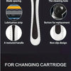 A manual razor with various components shown, including blade spacing, lubrication strip, textured handle, cleaning hole, rep