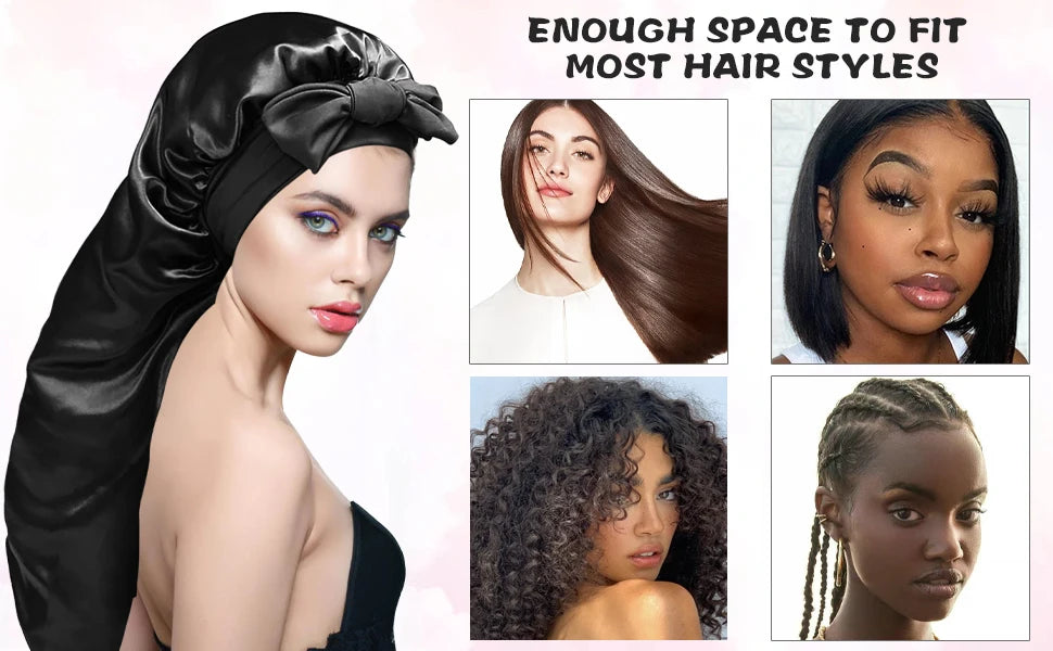 A black satin silk hair bonnet cap shown on a model, demonstrating its use for various hairstyles.