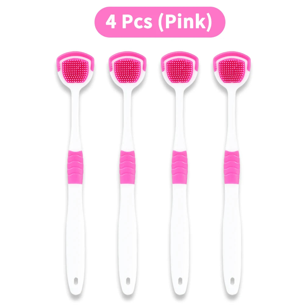 Four pink reusable tongue scrapers for oral hygiene