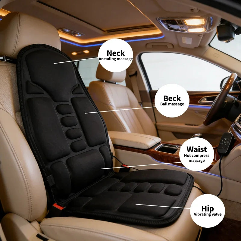 A beige car seat with a black massage cushion showing various massage points like neck, back, waist, and hip.