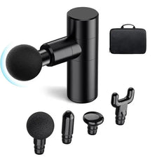 A set of portable deep tissue massage gun accessories including the main unit, a carrying case, and various interchangeable m