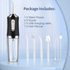 A package of a portable rechargeable dental water flosser including a flosser, nozzles, USB cable, and user manual.