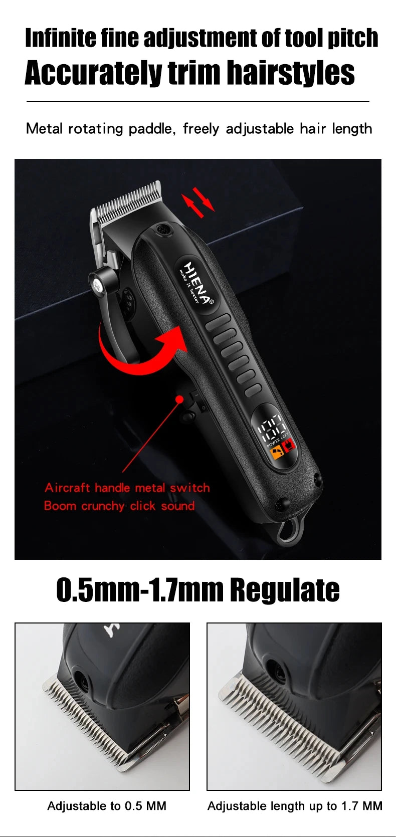 A black professional cordless hair trimmer with a metal rotating paddle and adjustable length settings