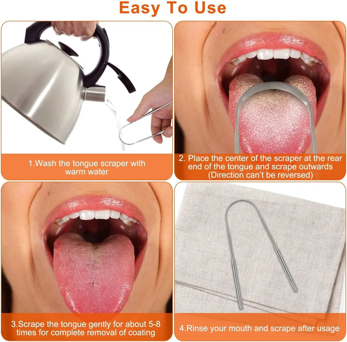 Instrucciones para usar un raspador de lengua de acero inoxidable, mostrando pasos de lavado, raspado y enjuague.