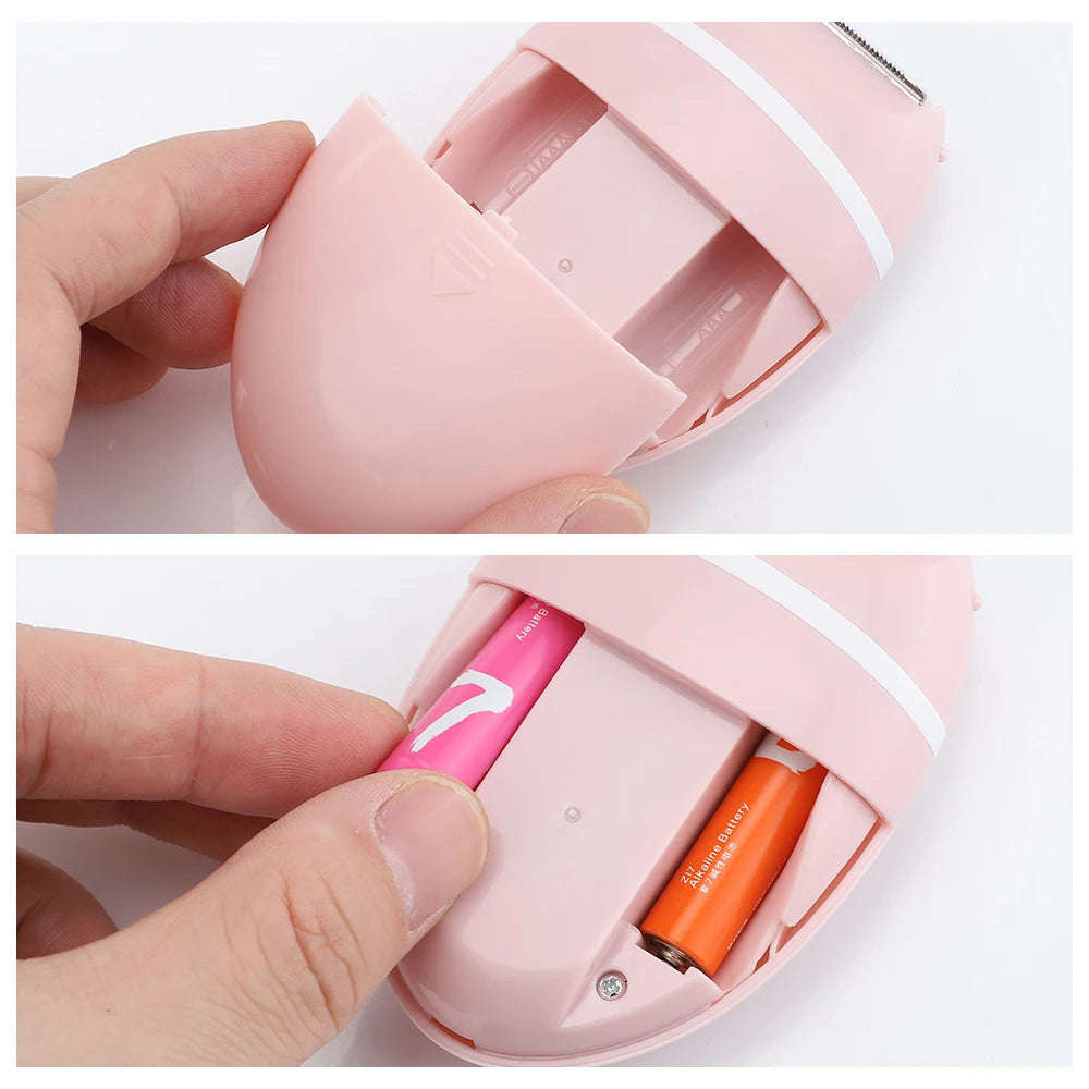 A hand opens a pink electric body shaver and trimmer, showing the internal components.
