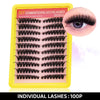 A yellow plastic container holding a set of 100 individual black false eyelashes for DIY use.