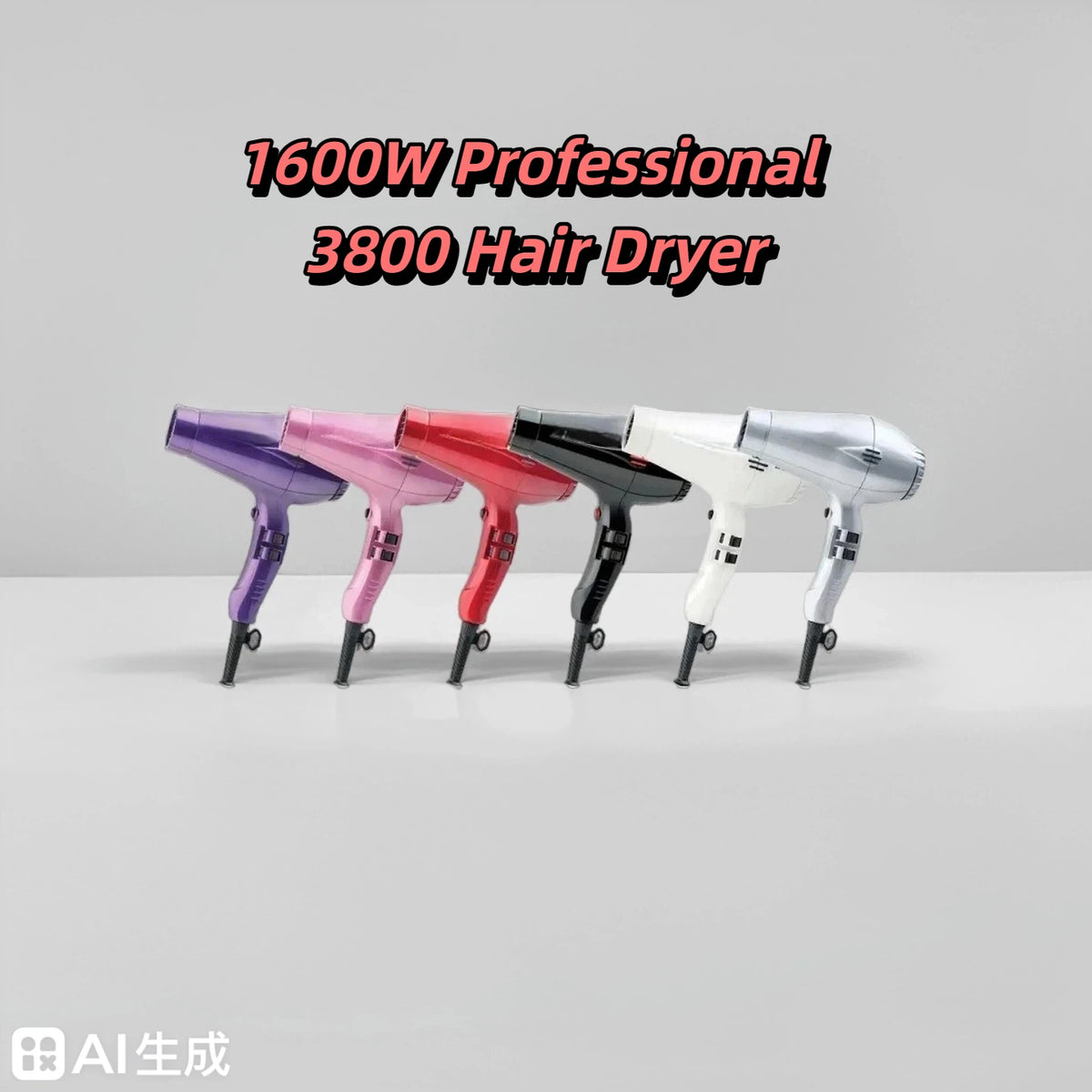 A row of six professional ceramic hair dryers in various colors, including purple, pink, red, and silver.