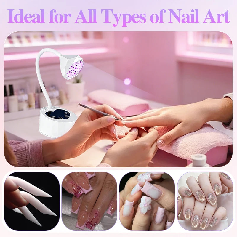 Hands applying nail art under a professional UV LED nail lamp for gel and acrylic curing.