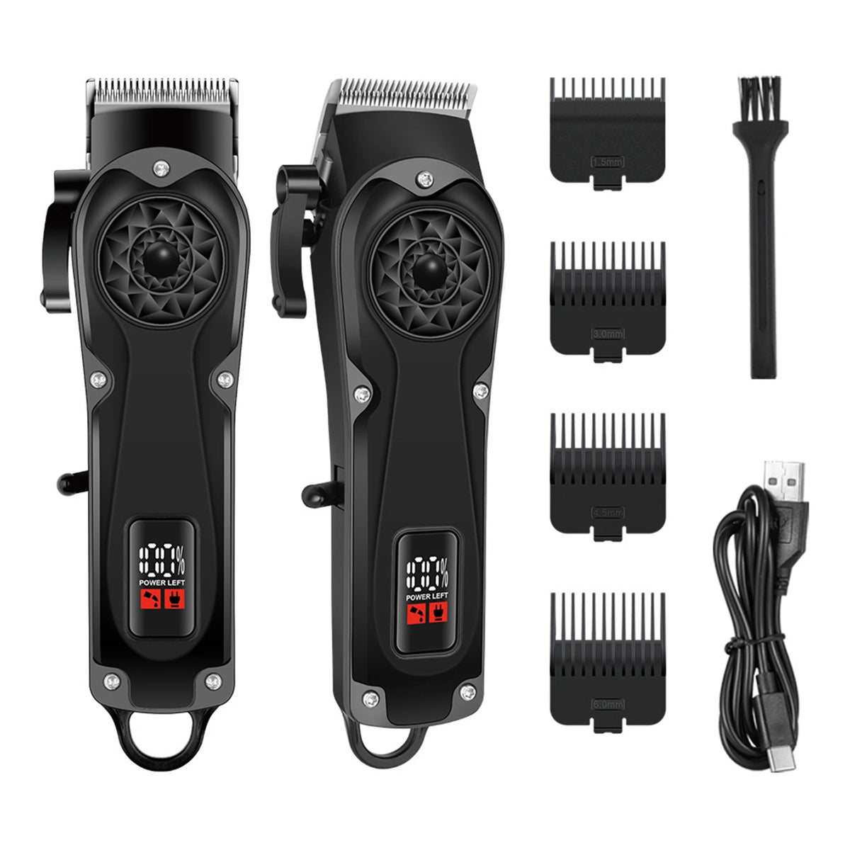 A set of professional cordless hair clippers and attachments for beard and hair trimming, shown in black.