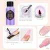 A set of acrylic liquid, brush, and nail extension product demonstrating the application process for manicures.