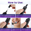Instructions showing how to use a rechargeable electric toothbrush by attaching the brush head and operating the power button