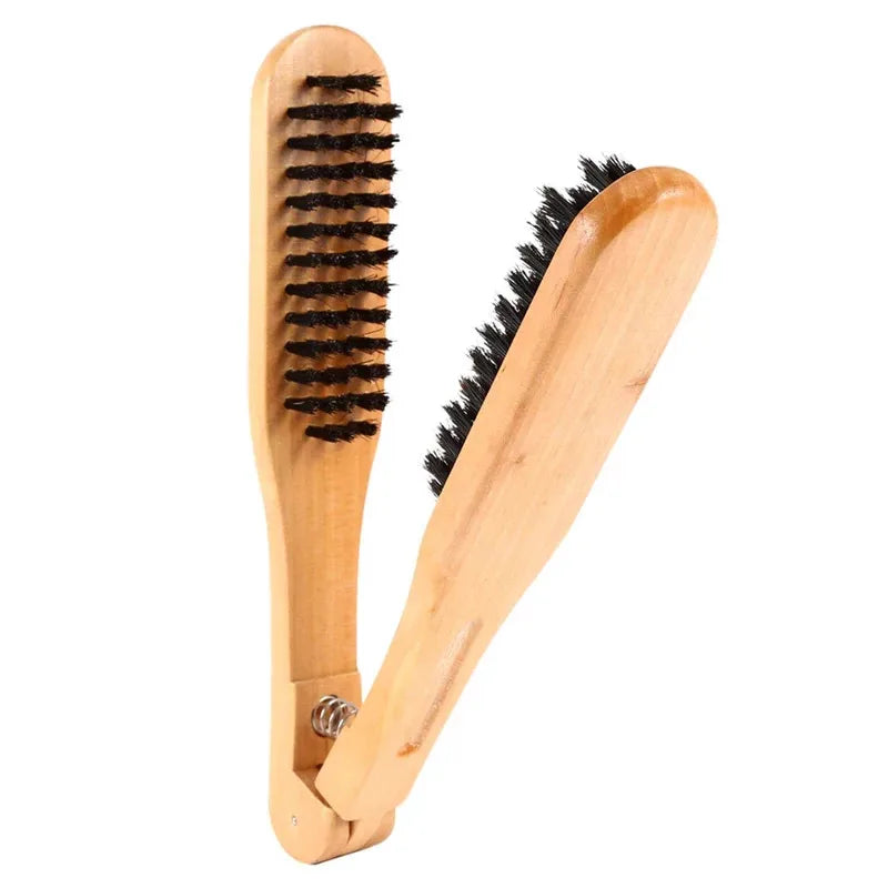 A wooden double-sided hair comb with black bristles shown against a white background.