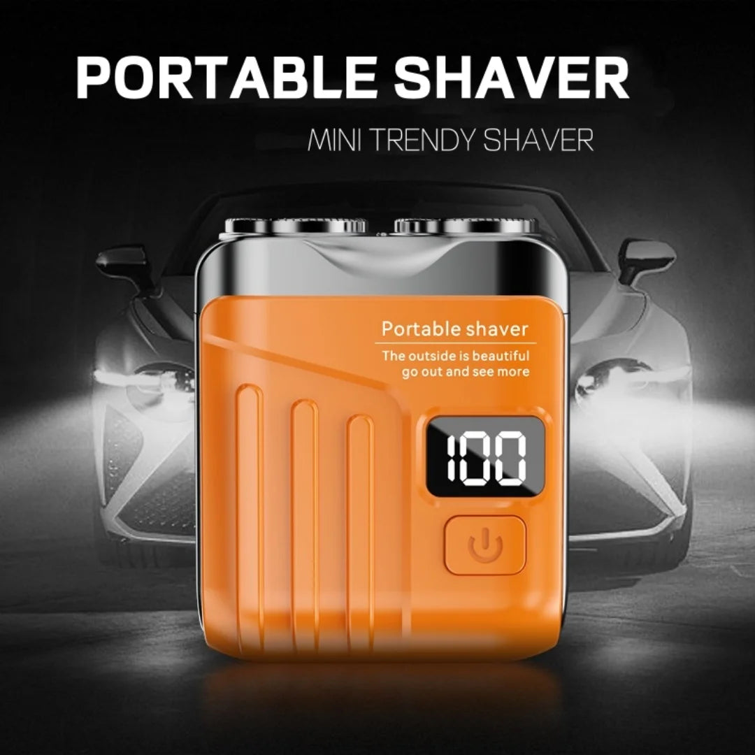 An orange portable shaver is displayed in front of a blurred car, highlighting its mini trendy shaver features.