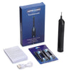 A box and components for a deeper cleaning electric toothbrush, including the brush head and charging cable.