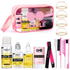 Colección de productos de cuidado capilar Goiple, incluyendo caja rosa, spray, stick de cera y adhesivo para peluca de encaje
