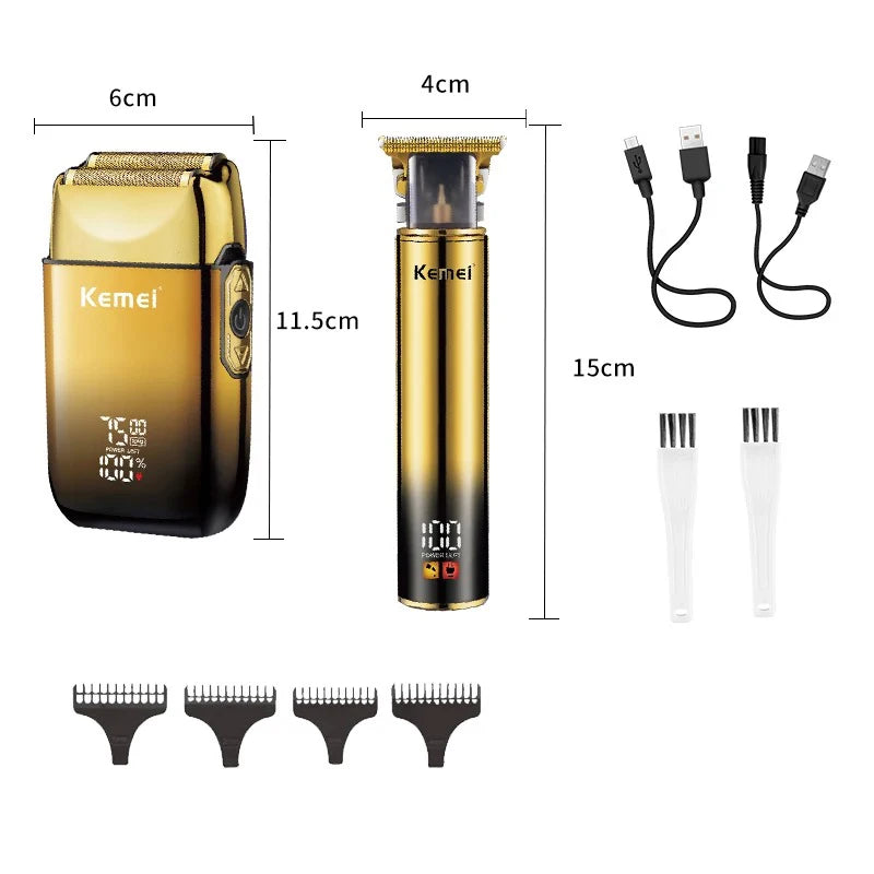 A Kemel electric hair and beard trimmer kit with a gold finish and various attachments.