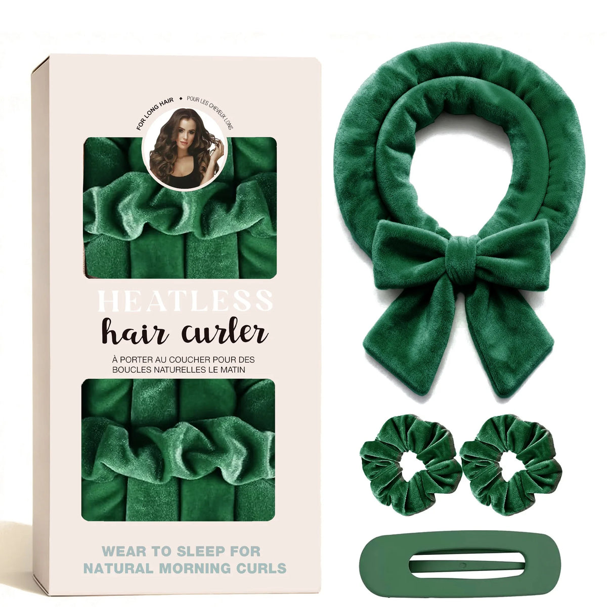 A box and set of dark green velvet heatless hair curlers for natural morning curls.