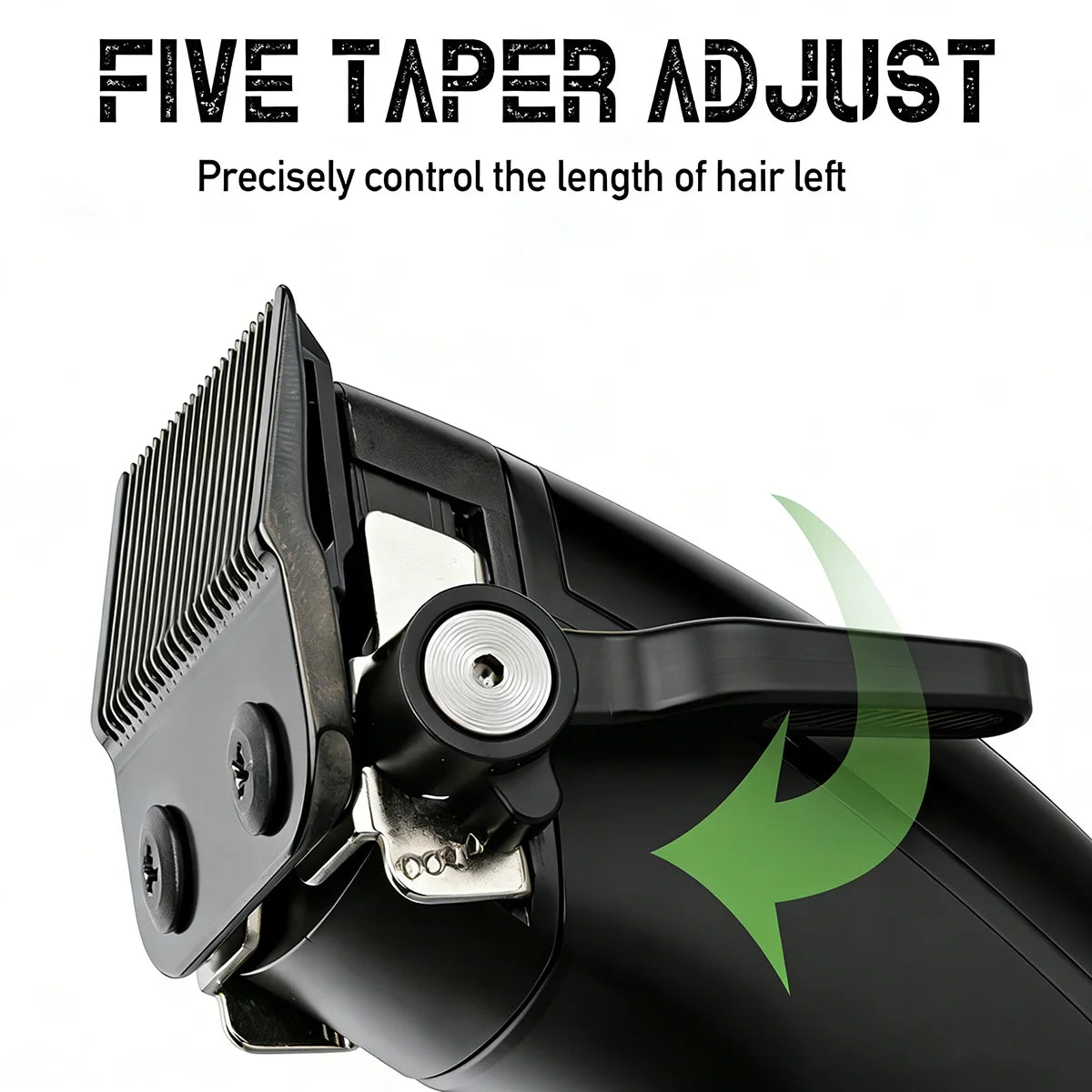 Close-up of a black rotary hair clipper trimmer showing the five taper adjust mechanism.
