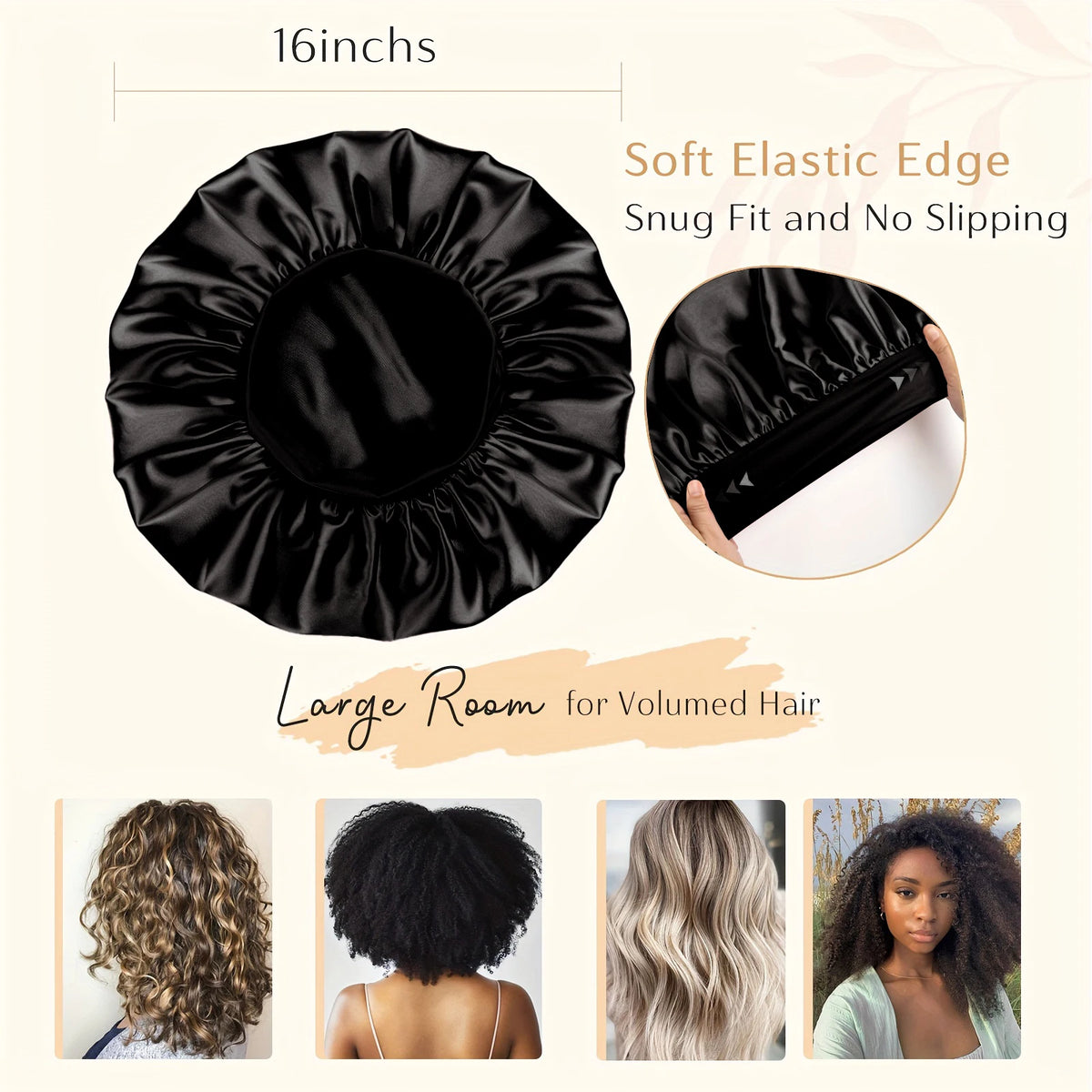 Black satin sleep cap and hair curler set with claw clip and rings for voluminous hair