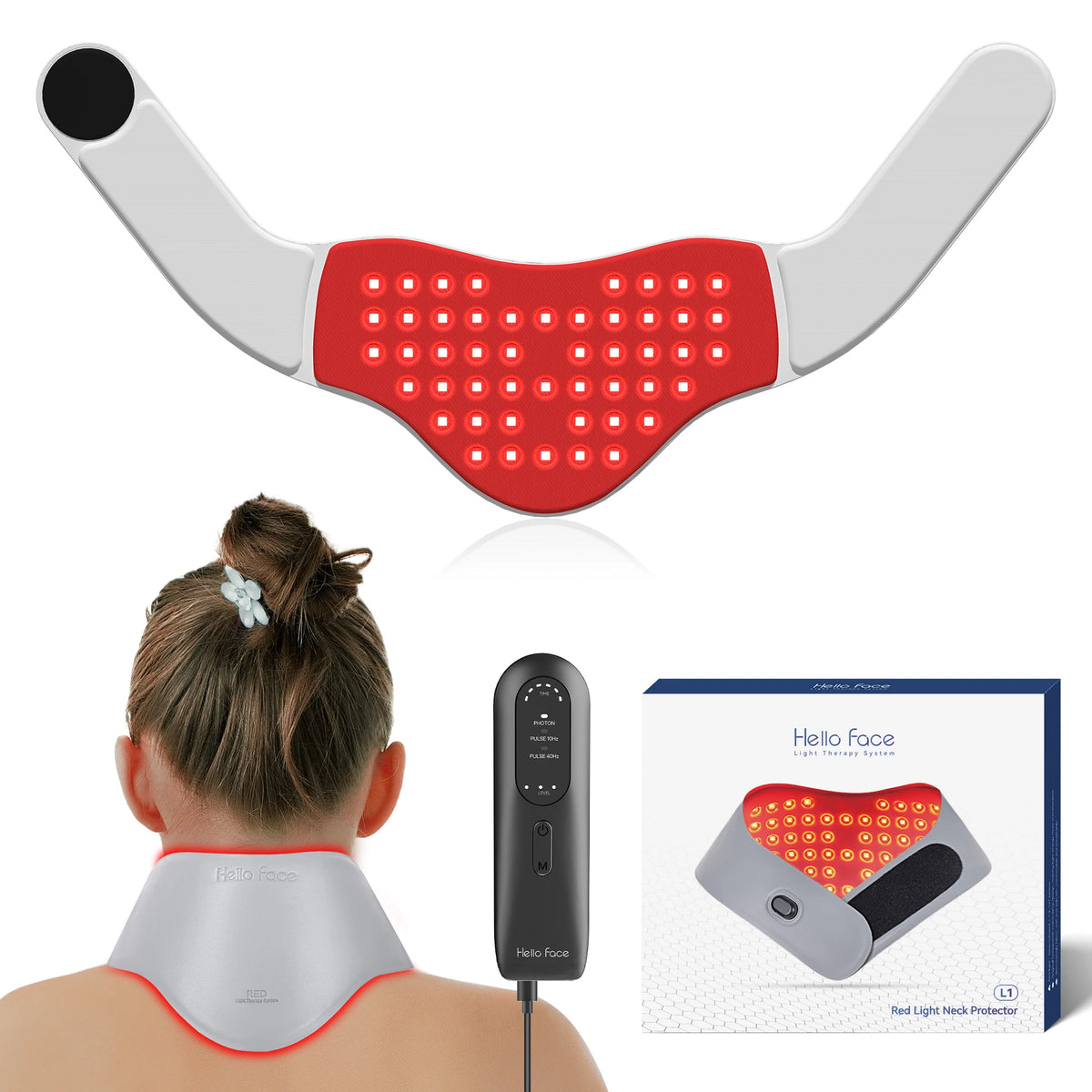 A therapeutic light therapy belt with red LEDs and infrared light is shown alongside a user wearing the device and its packag
