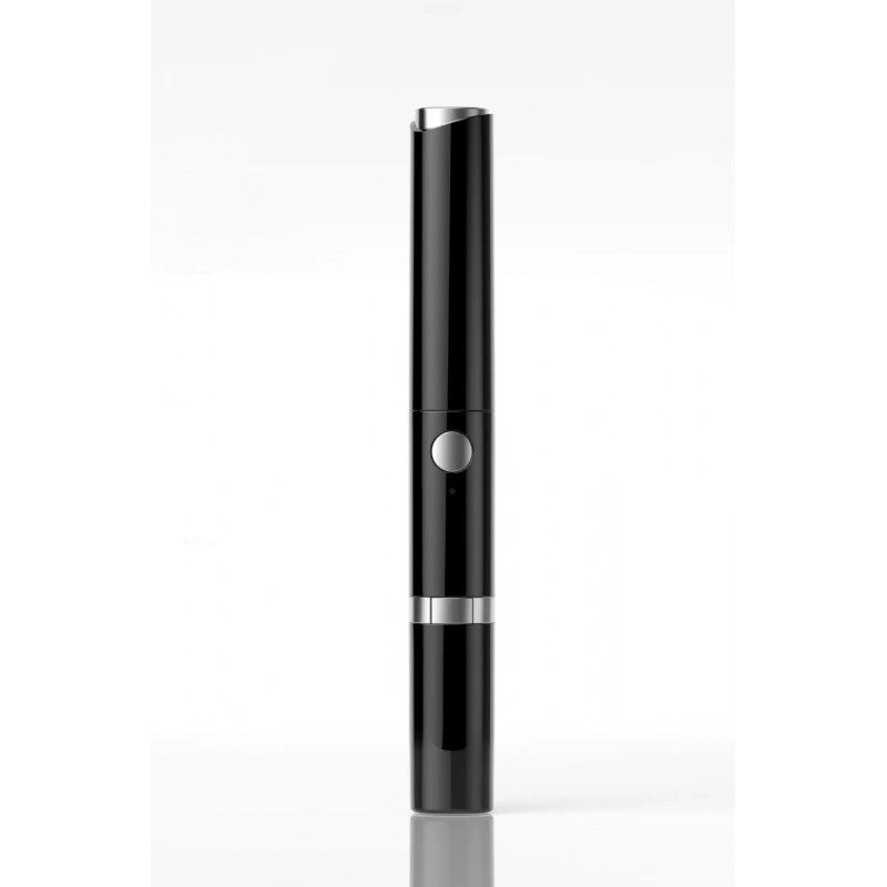 A black electric heated eyelash curler and eyebrow trimmer standing vertically.