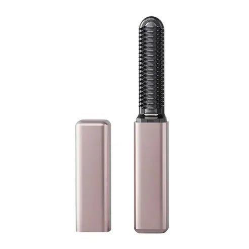 A portable wireless hair comb and curling iron in a dusty rose color.
