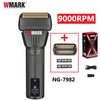A black electric hair shaver marked WMARK Professional with a 9000RPM motor and accessories.