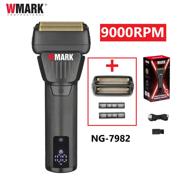 A black electric hair shaver marked WMARK Professional with a 9000RPM motor and accessories.