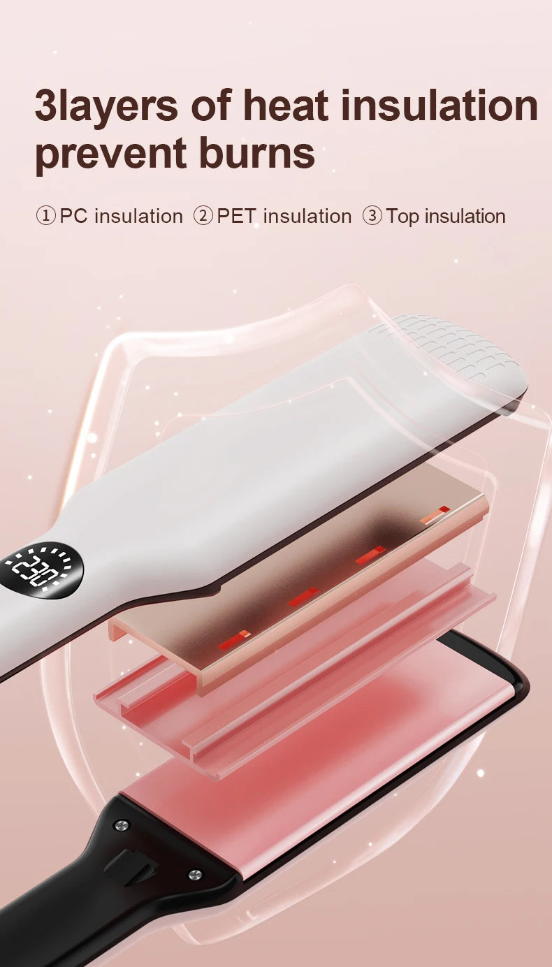 A ceramic hair straightener is shown layered with three insulation materials: PC, PET, and top insulation.