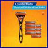 An orange precision safety razor with one handle and eight sharp six-layer blades displayed against an orange background.