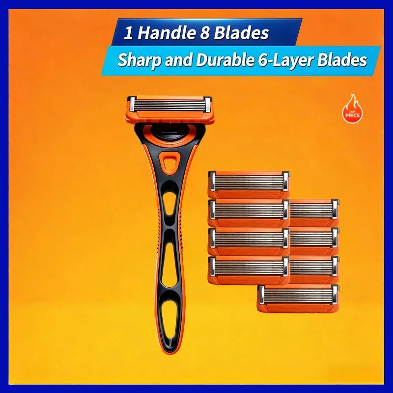 An orange precision safety razor with one handle and eight sharp six-layer blades displayed against an orange background.