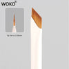A white precision eyeliner application brush with a tapered wooden tip shown against a gray background.