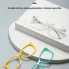 A set of three clear and colored anti-blue light eyewear frames displayed on a white surface.