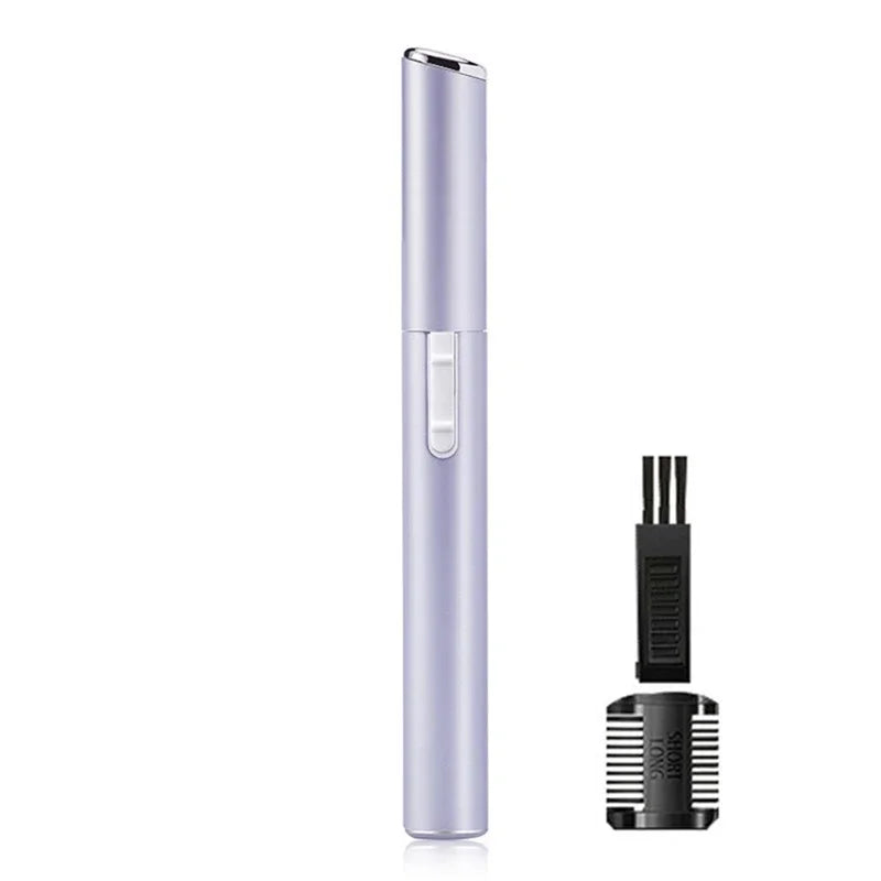 Afeitadora eléctrica de cejas plateada con cabezal negro para cargar/limpiar.