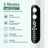 A white ultrasonic electric tooth cleaner device showing five cleaning modes: Soft, Comf, Stand, Strong, and Super.