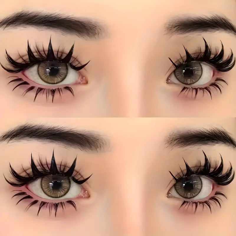 Close-up display of dramatic manga style false eyelashes on a model's eyes.