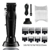 A black professional electric hair clipper kit showing the main body, attachments, and various guard sizes.