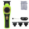 A lime green cordless hair trimmer with an LED display and multiple trimming attachments.