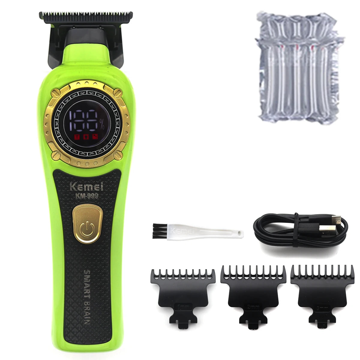 A lime green cordless hair trimmer with an LED display and multiple trimming attachments.