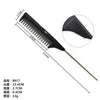 A black stainless steel hair tail comb with a fine tooth and a pointed tip shown next to its dimensions.