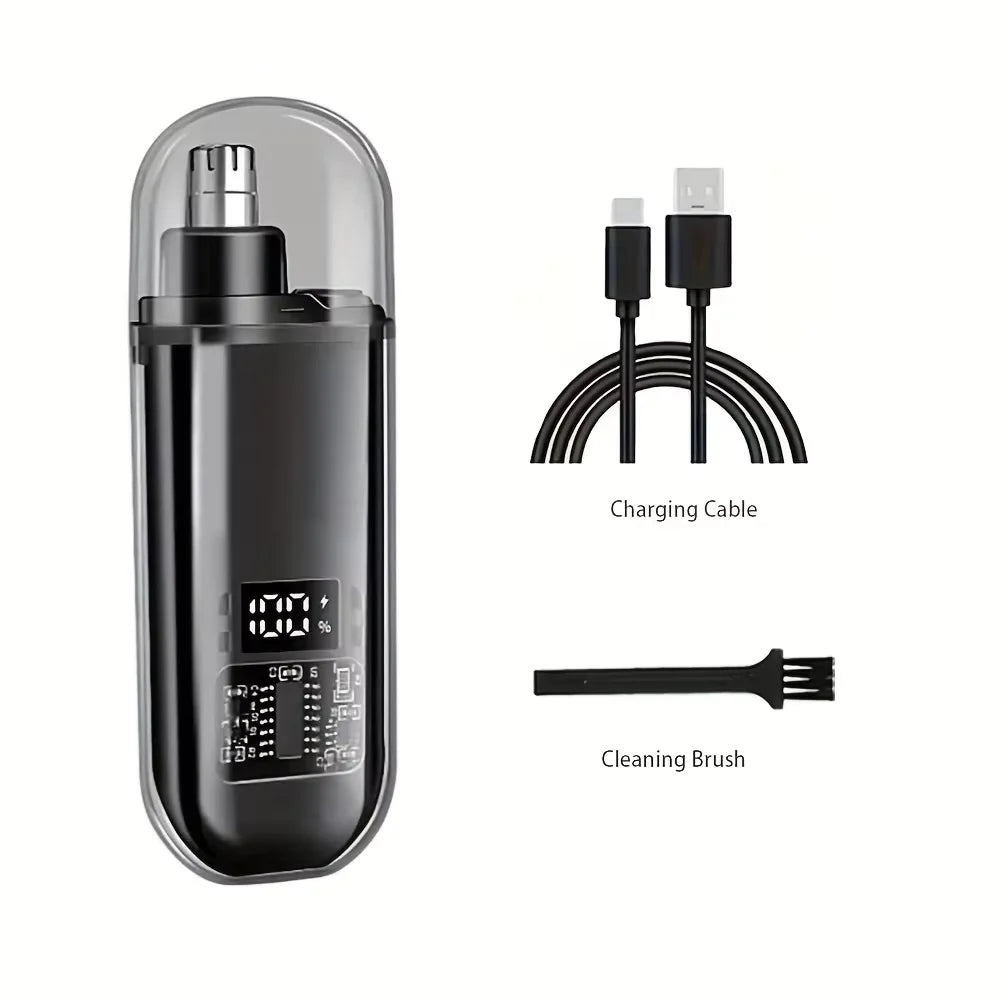 A portable electric nose ear hair trimmer shown with a charging cable and a cleaning brush.