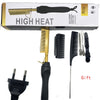 A box and various tools for a Gold Ceramic Professional Heat Comb hair straightener gift set.