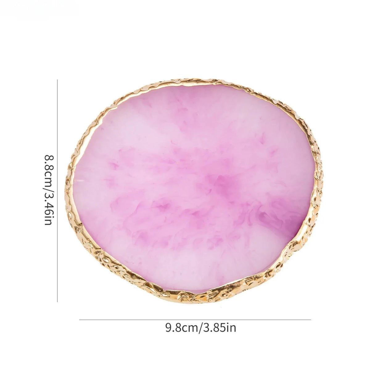 A round, translucent pink quartz crystal with a gold-colored rim.