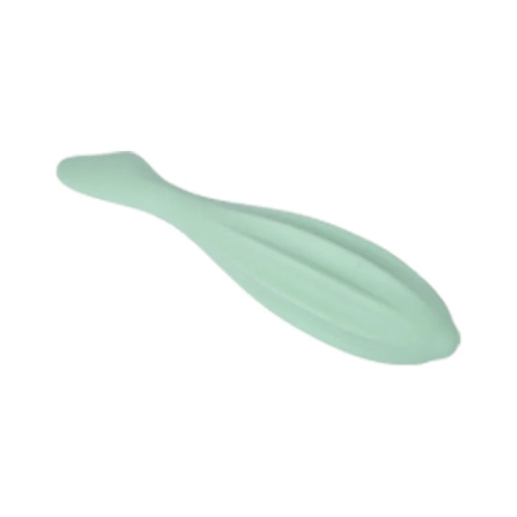 A light mint green silicone gua sha roller for facial massage and contouring.