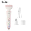 A pink and white 4-in-1 electric shaver set including a main body, a trimmer, and a foil shaver head.