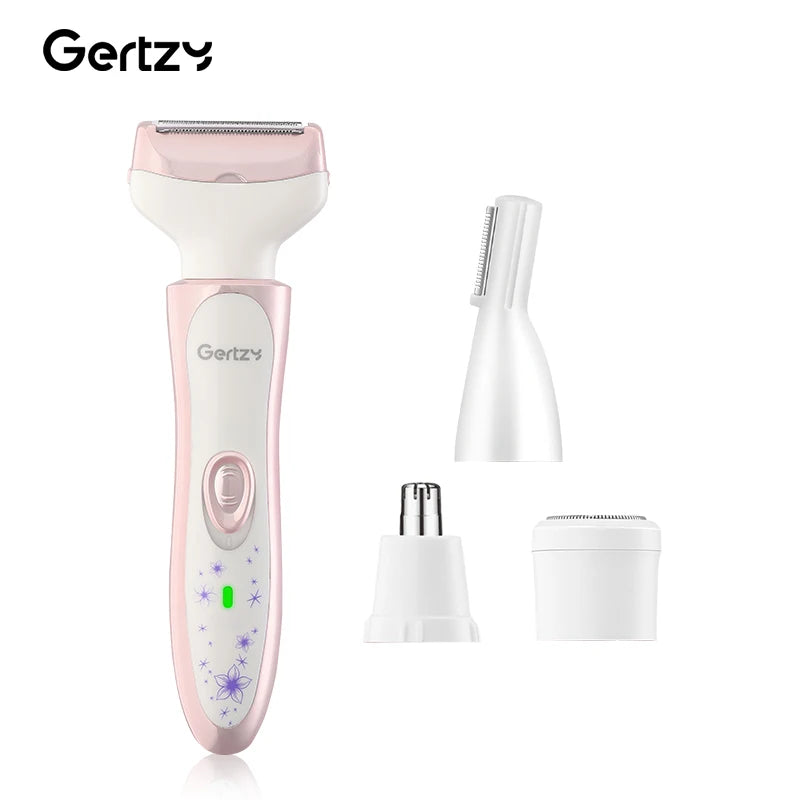A pink and white 4-in-1 electric shaver set including a main body, a trimmer, and a foil shaver head.