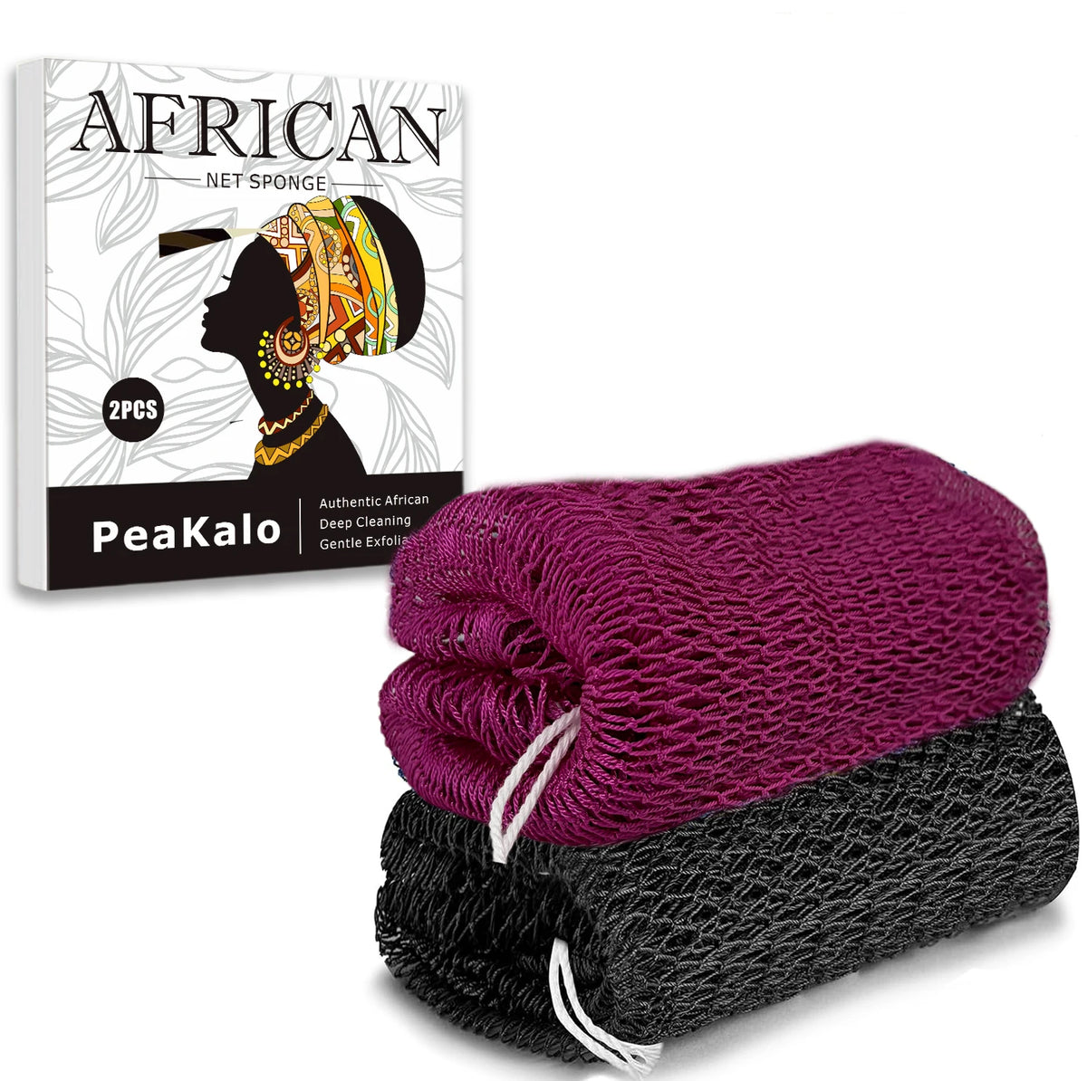 A stack of purple and black African net exfoliating loofah sponges with a decorative design.