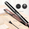 A black and rose gold dual-purpose hair straightener and curling iron with anti-scald features shown on a wooden surface.