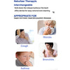 A portable medical compression nebulizer device with a release button and various respiratory conditions listed.