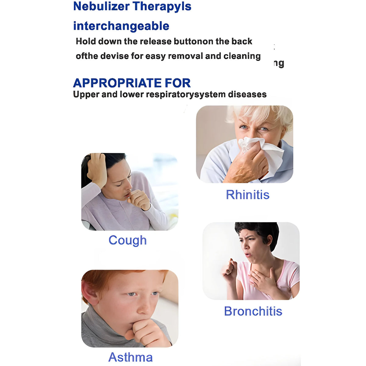 A portable medical compression nebulizer device with a release button and various respiratory conditions listed.